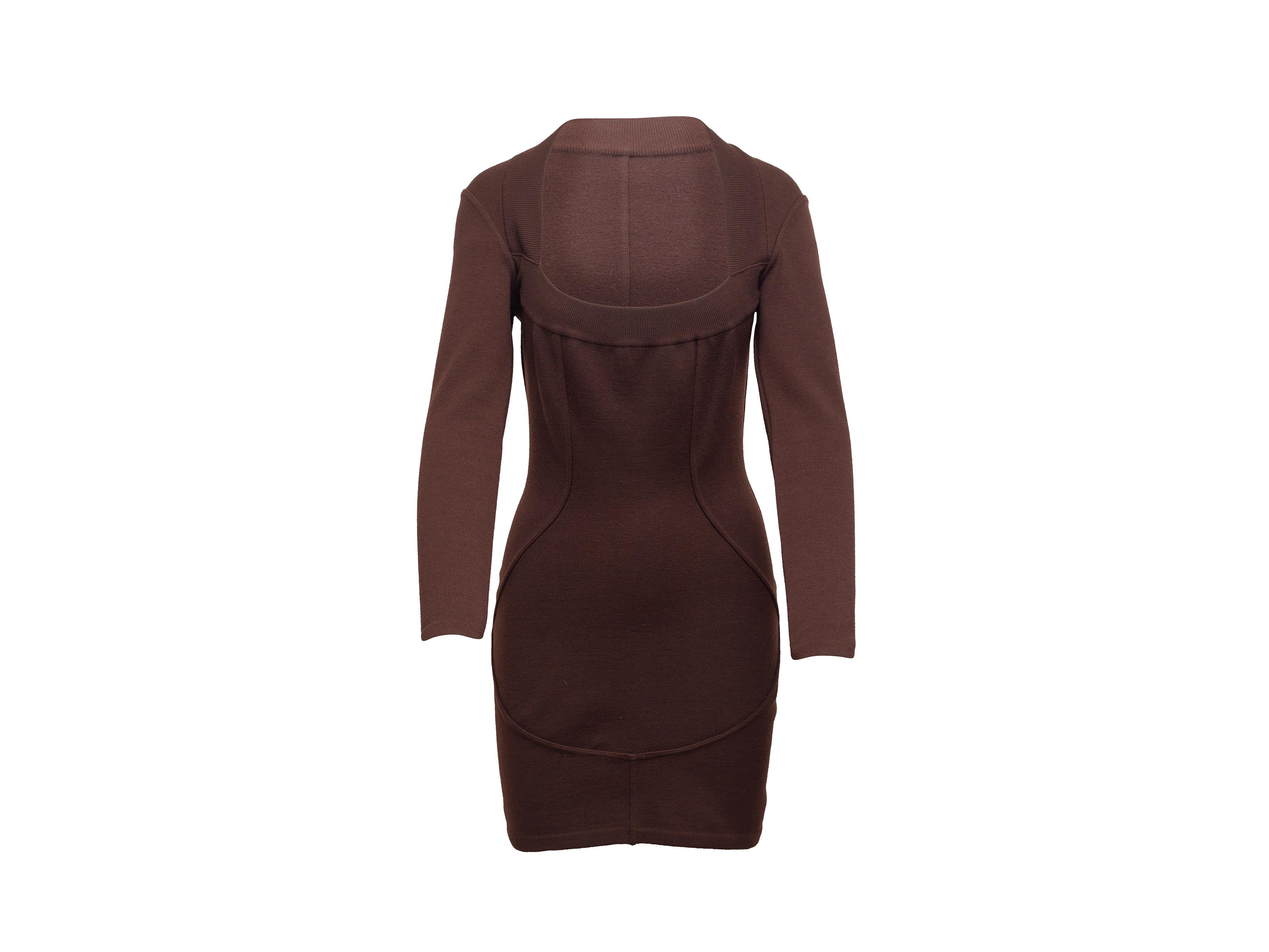 Product details: Vintage brown wool knit bodycon mini dress by Alaia. Scoop neckline. Long sleeves. 30