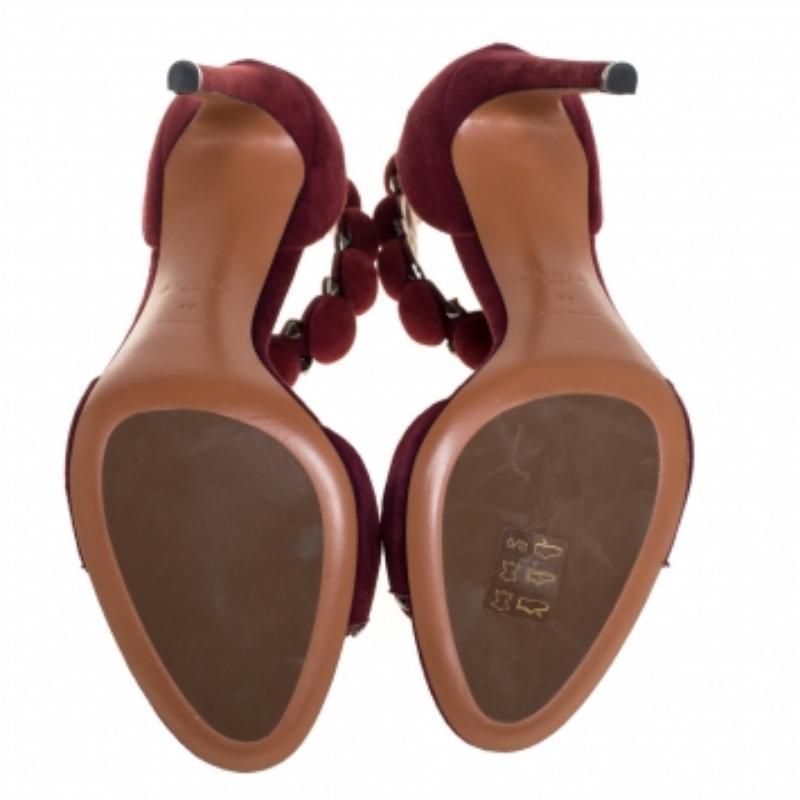Brown Alaia Burgundy Suede Studded 'Bombe' T-Strap Ankle Cuff Sandals Size 39 For Sale