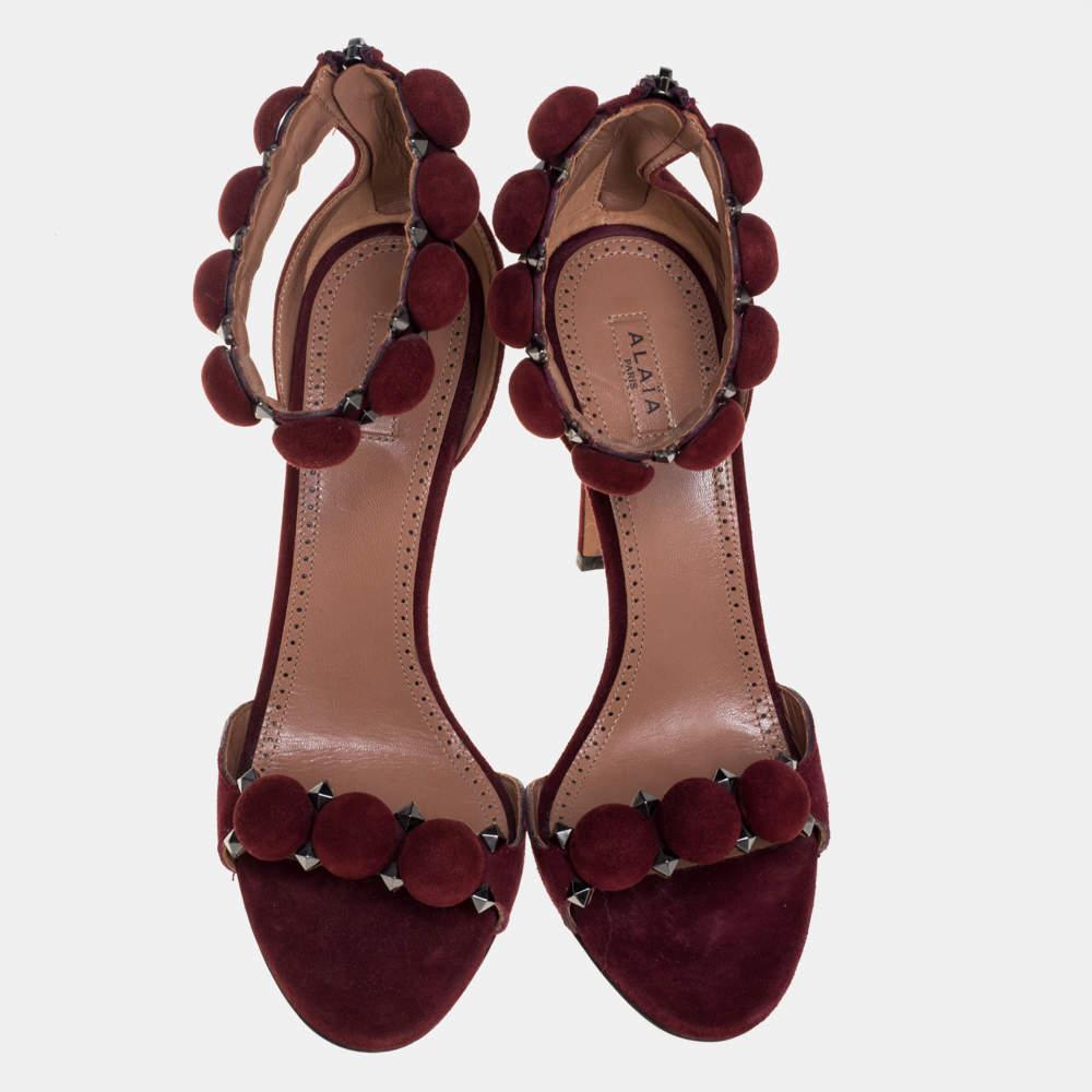 Brown Alaia Burgundy Suede Studded 'Bombe' T-Strap Ankle Cuff Sandals Size 39 For Sale