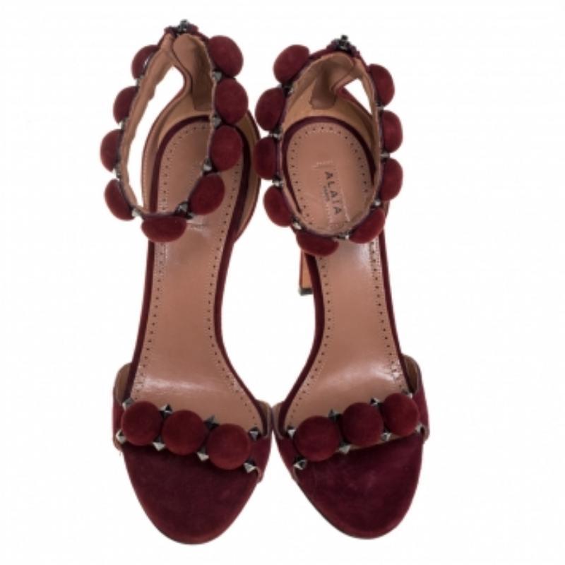 Women's Alaia Burgundy Suede Studded 'Bombe' T-Strap Ankle Cuff Sandals Size 39 For Sale