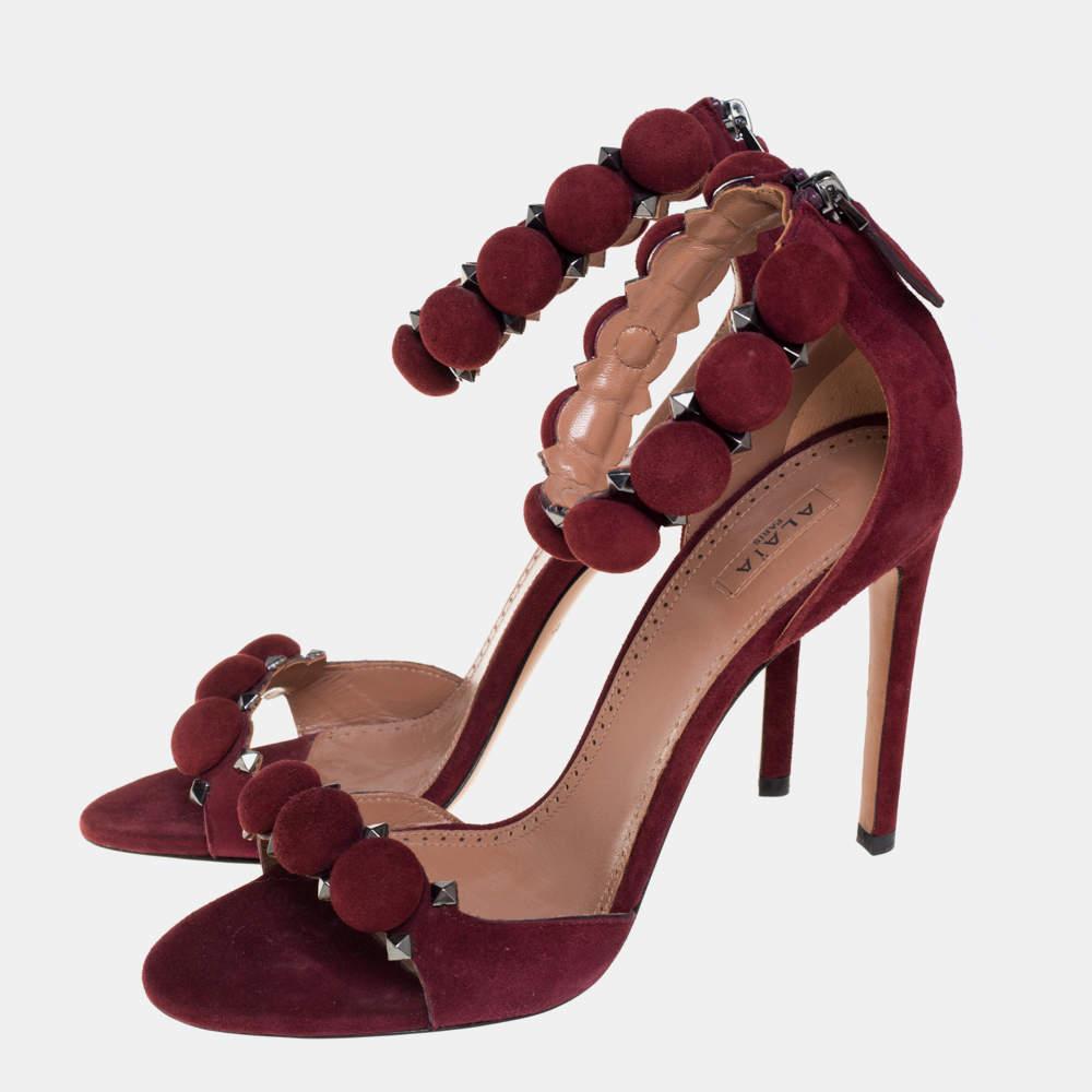 Women's Alaia Burgundy Suede Studded 'Bombe' T-Strap Ankle Cuff Sandals Size 39 For Sale