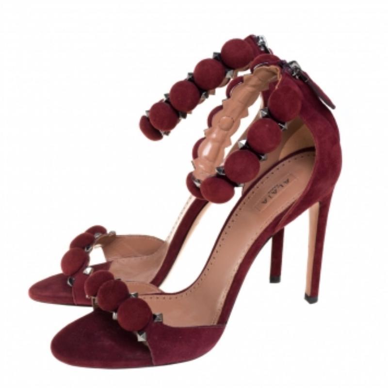 Alaia Burgundy Suede Studded 'Bombe' T-Strap Ankle Cuff Sandals Size 39 For Sale 1