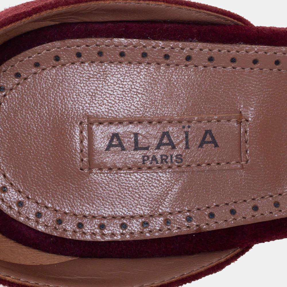 Alaia Burgundy Suede Studded 'Bombe' T-Strap Ankle Cuff Sandals Size 39 For Sale 1