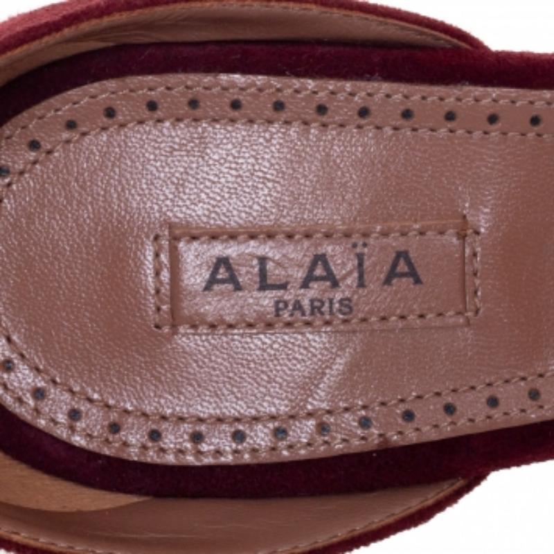 Alaia Burgundy Suede Studded 'Bombe' T-Strap Ankle Cuff Sandals Size 39 For Sale 2