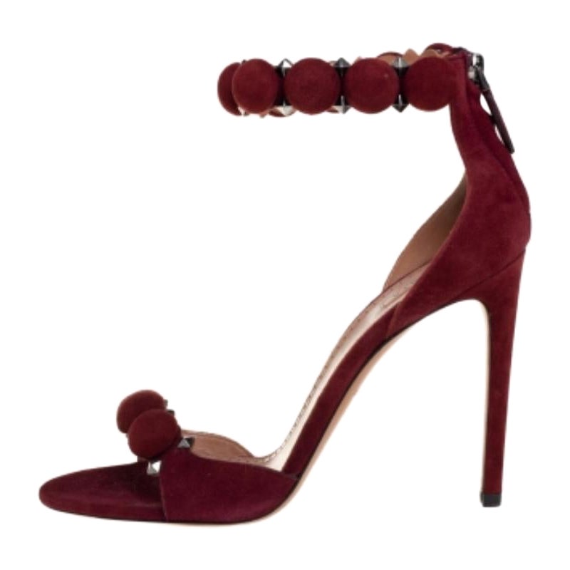 Alaia Burgundy Suede Studded 
Bombe
 T-Strap Ankle Cuff Sandals Size 39