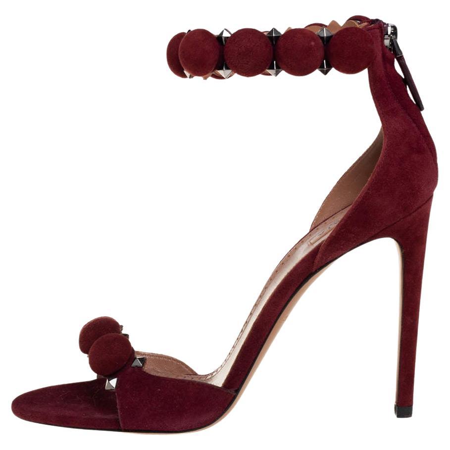 Alaia Burgundy Suede Studded 'Bombe' T-Strap Ankle Cuff Sandals Size 39 For Sale