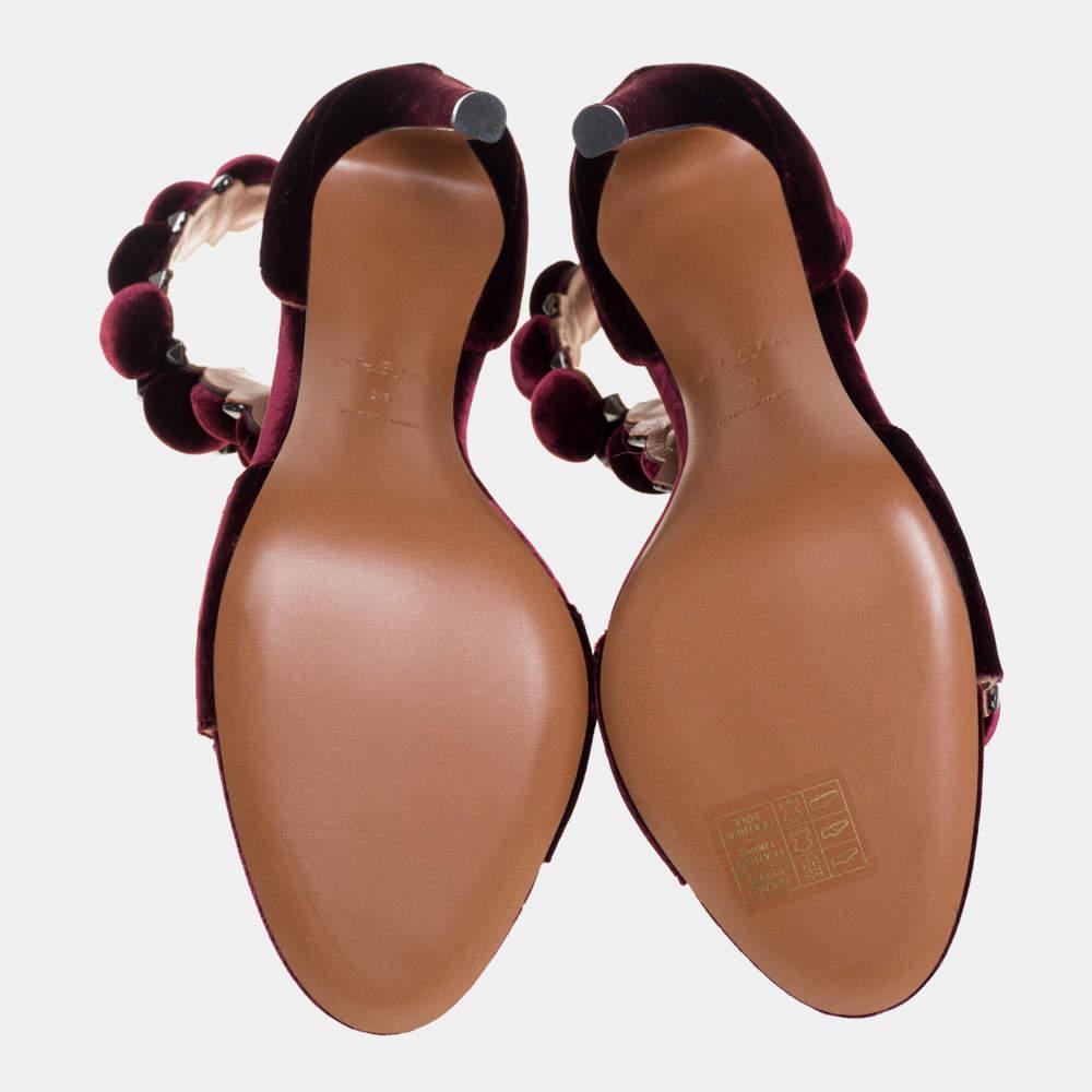 Black Alaia Burgundy Velvet Studded 'Bombe' T-Strap Ankle Cuff Sandals Size 39