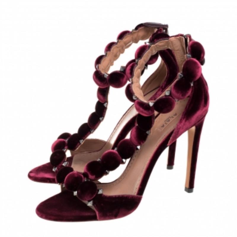 Alaia Burgundy Velvet Studded 'Bombe' T-Strap Ankle Cuff Sandals Size 39 For Sale 1