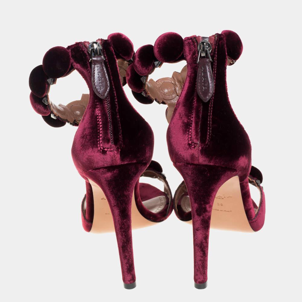 Alaia Burgundy Velvet Studded 'Bombe' T-Strap Ankle Cuff Sandals Size 39 1