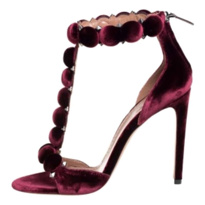 Alaia Burgundy Velvet Studded 
Bombe
 T-Strap Ankle Cuff Sandals Size 39