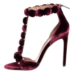 Alaia Burgundy Velvet Studded 'Bombe' T-Strap Ankle Cuff Sandals Size 39