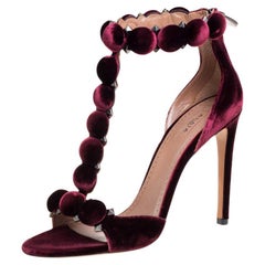 Alaia Burgundy Velvet Studded 'Bombe' T-Strap Ankle Cuff Sandals Size 39