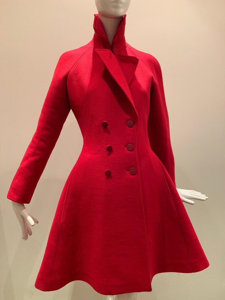 Alaia Cardinal Red Boiled Wool Fit and Flare Princess Coat W/ Full