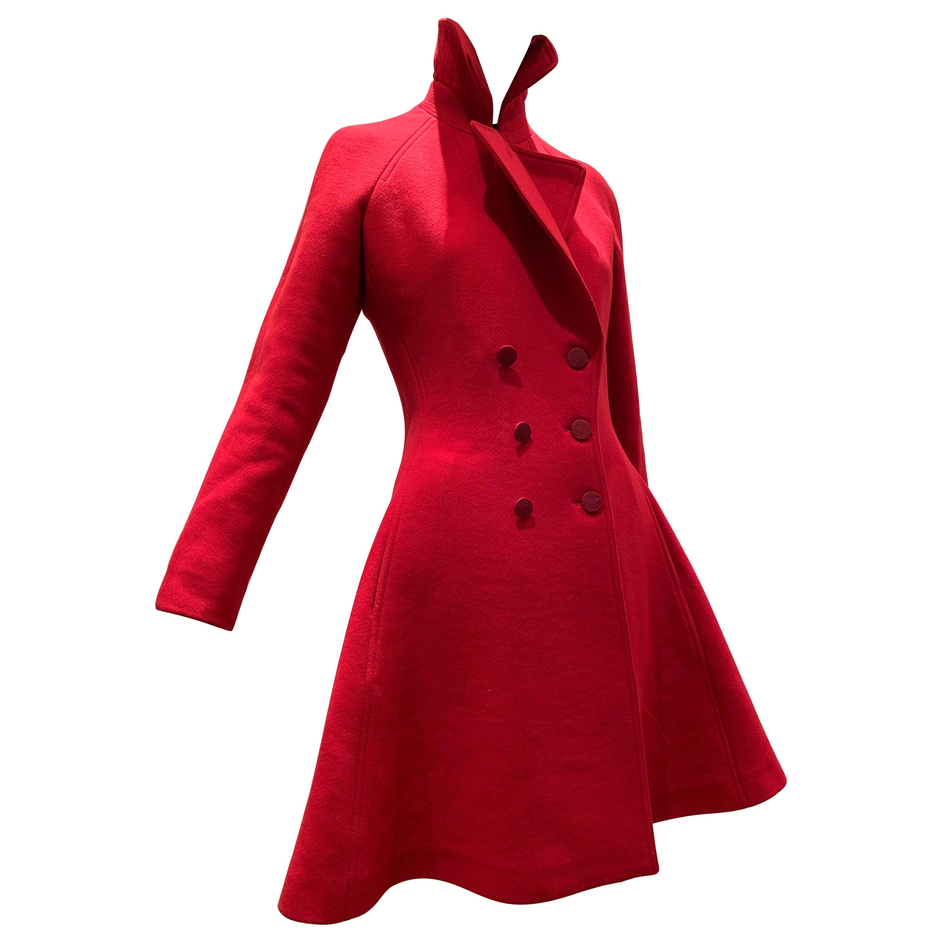 Alaia Cardinal Red  Boiled Wool Fit & Flare Princess Coat W/ Full Skirt & Collar