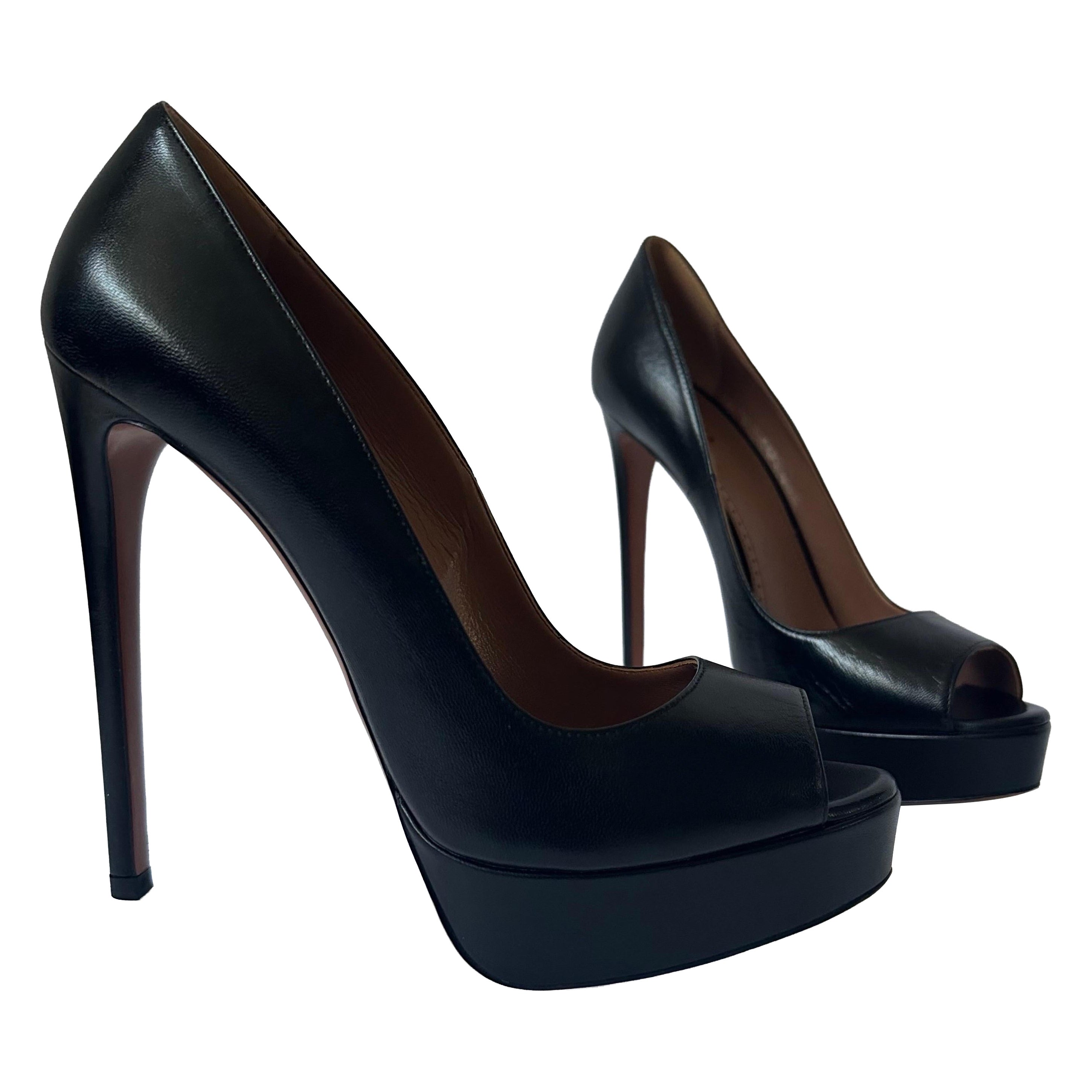 Pre-owned Alaïa Classic Black Leather Peep Toe Heel Pumps Size Eu 38 Platform Stiletto