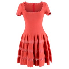 Alaia Coral Embroidered Knit Fit & Flare Mini Dress - Size US 6