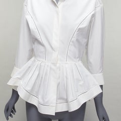 ALAIA cream cotton lattice seam ruffle peplum waist dress shirt FR36 S