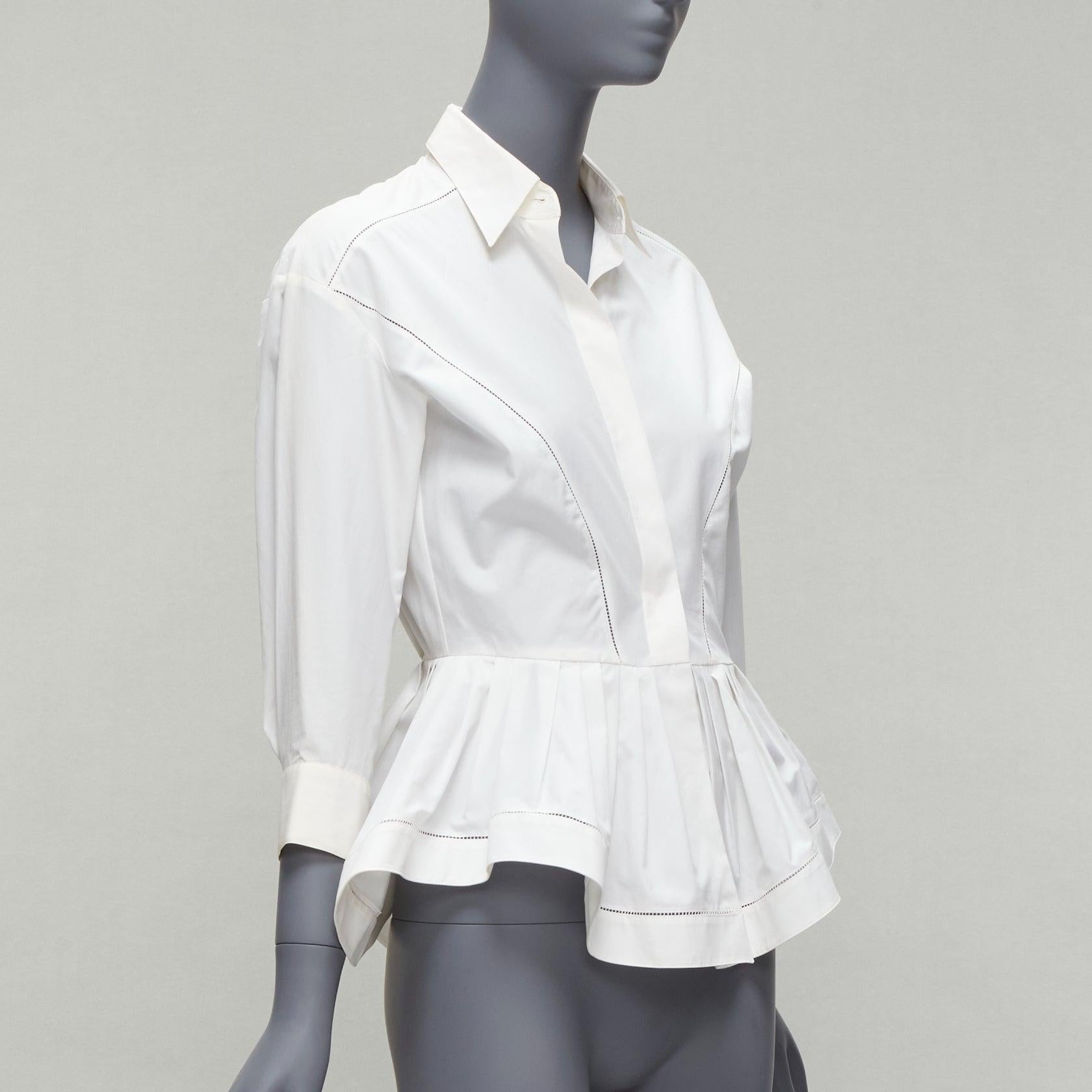 Gray ALAIA cream cotton lattice seam ruffle peplum waist dress shirt FR36 S For Sale