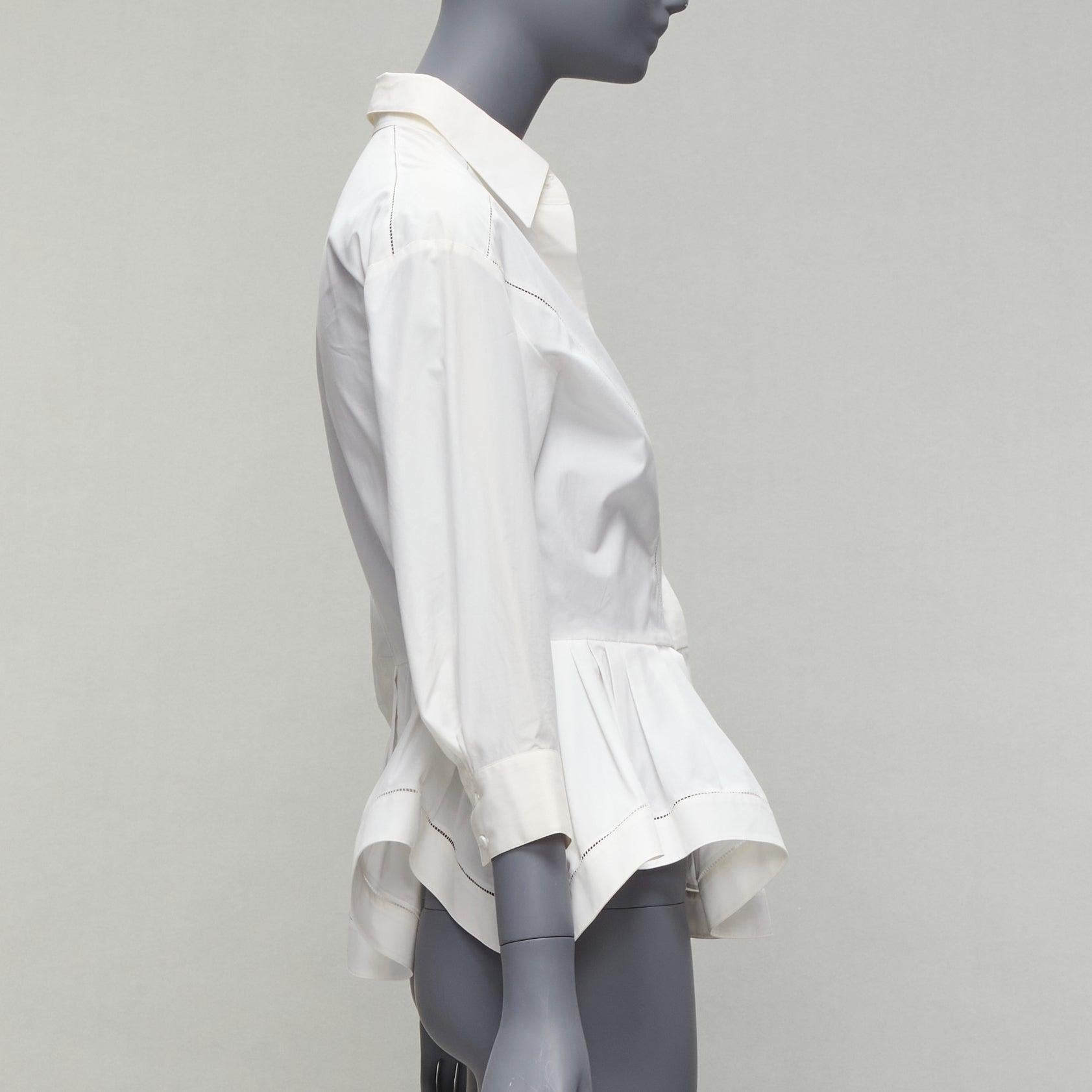 ALAIA cream cotton lattice seam ruffle peplum waist dress shirt FR36 S In Good Condition For Sale In Hong Kong, NT