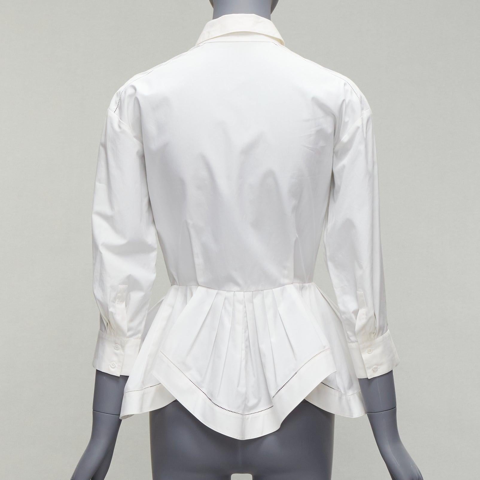 Women's ALAIA cream cotton lattice seam ruffle peplum waist dress shirt FR36 S For Sale