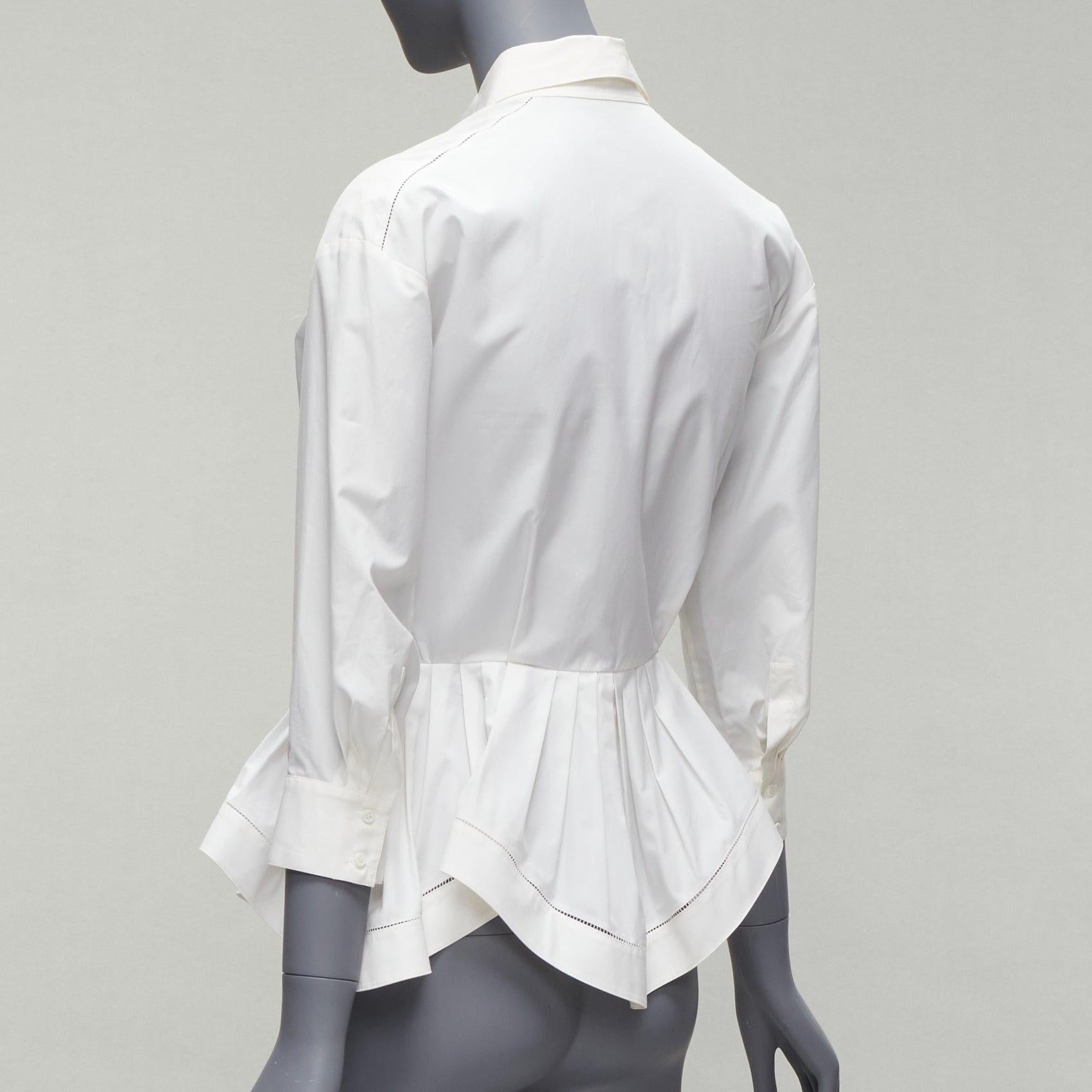 ALAIA cream cotton lattice seam ruffle peplum waist dress shirt FR36 S For Sale 1