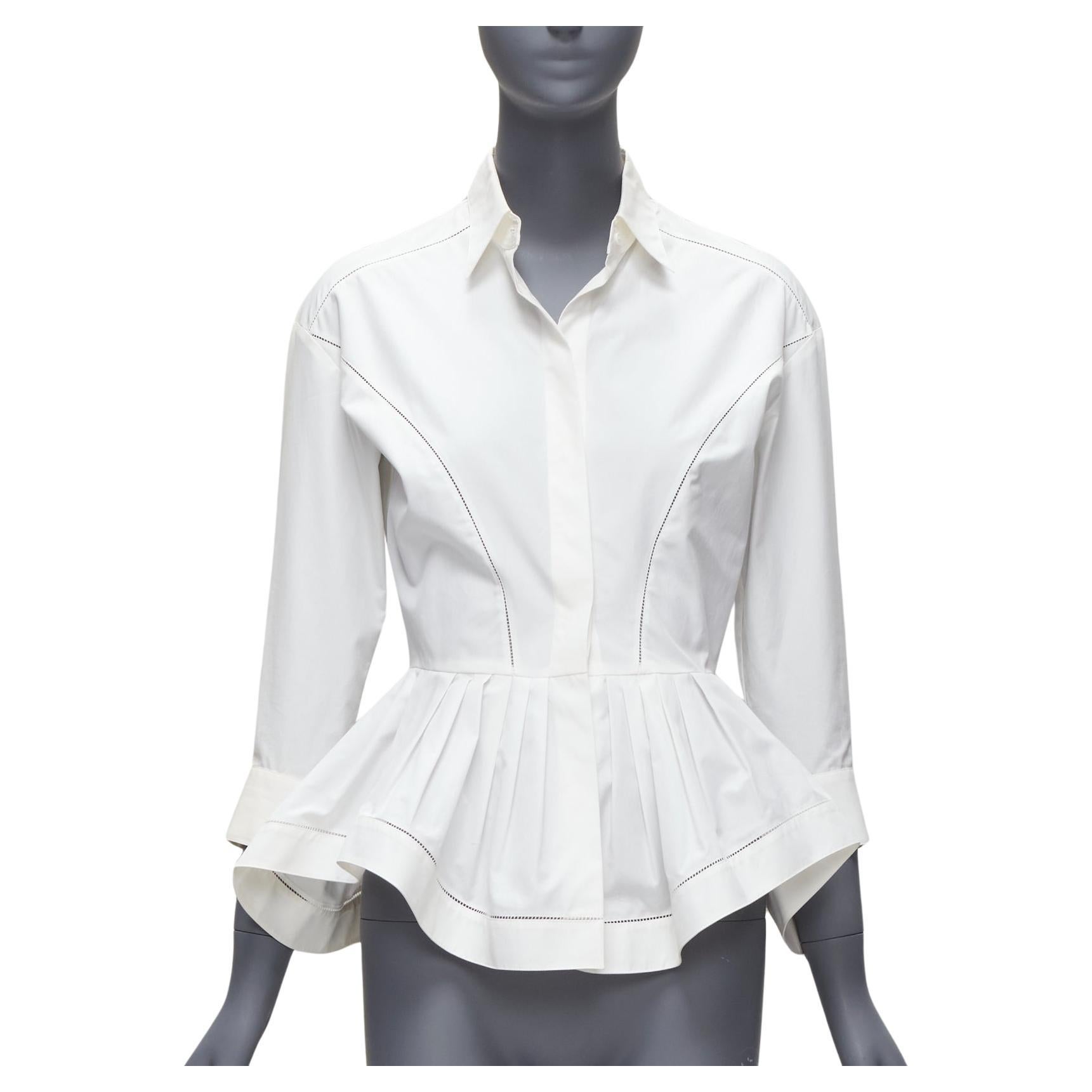 ALAIA cream cotton lattice seam ruffle peplum waist dress shirt FR36 S For Sale