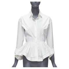 ALAIA cream cotton lattice seam ruffle peplum waist dress shirt FR36 S