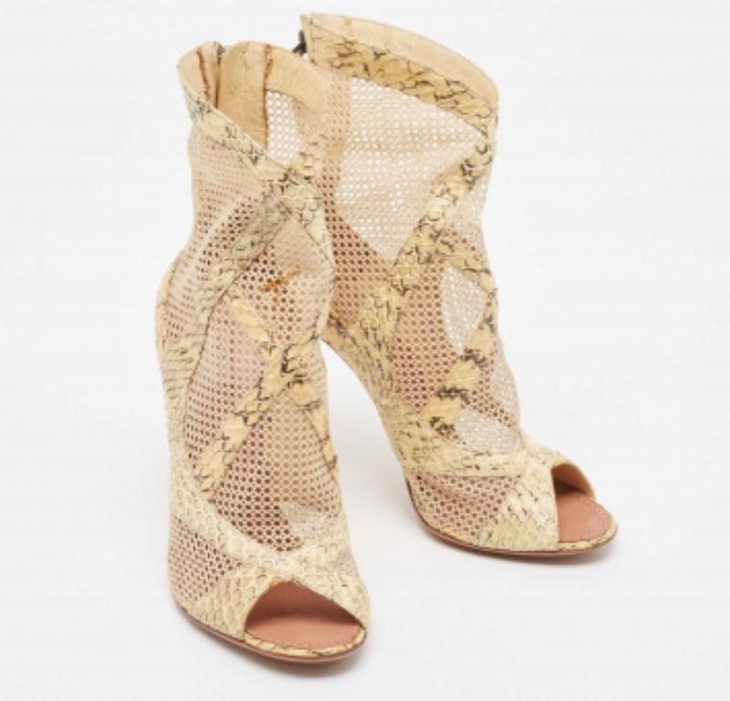 Beige Alaia Cream Python and Mesh Zipper Booties Size 38 For Sale