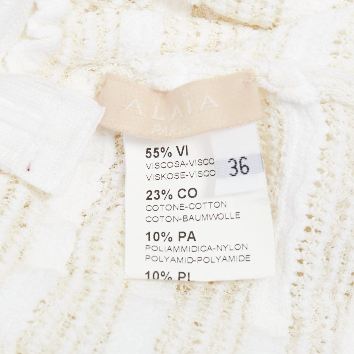 ALAIA - Mini robe évasée en viscose mélangée de couleur crème, avec des rangs horizontaux en tricot, FR36 S en vente 3
