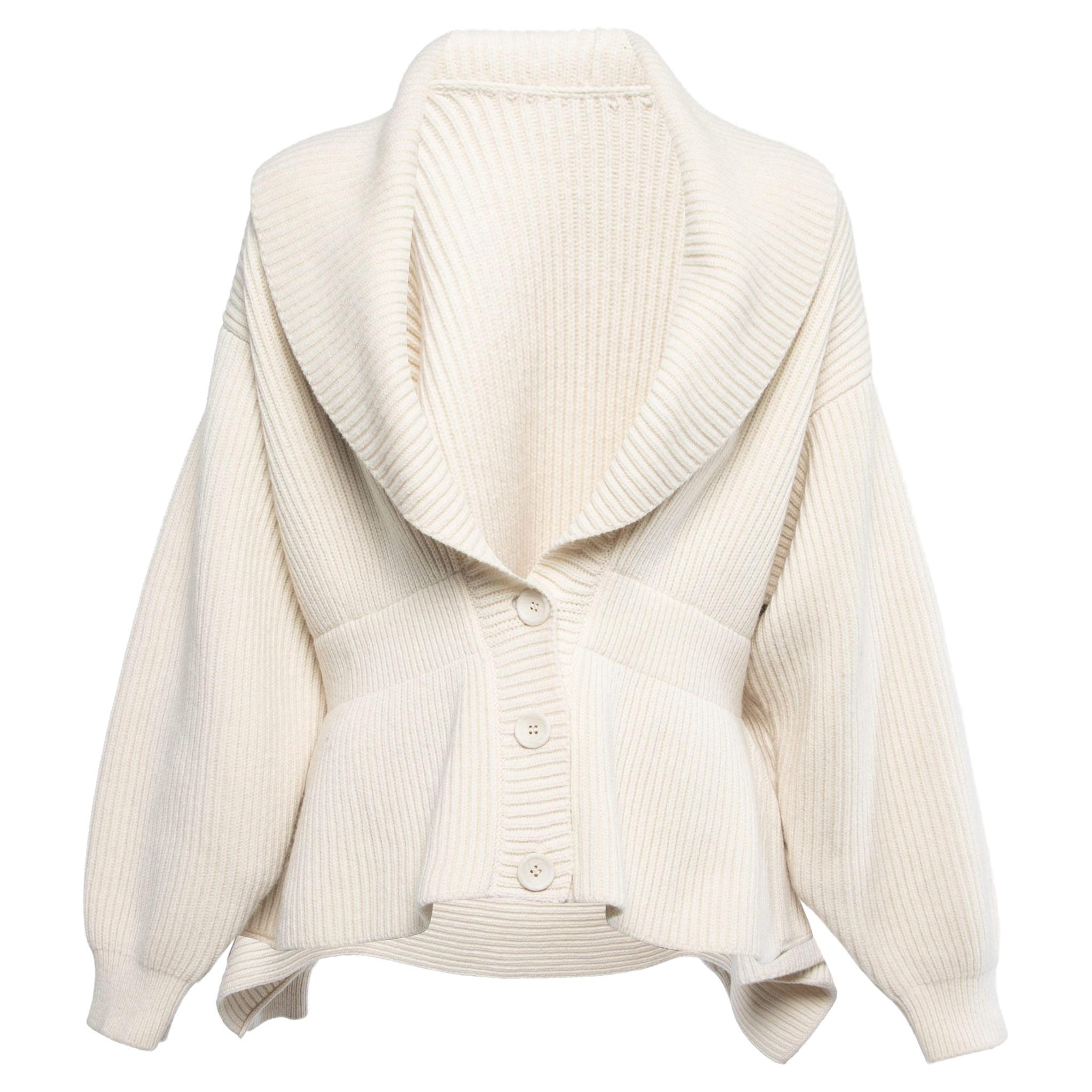 Alaia Cream Wool Peplum Cardigan 