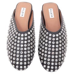 ALAIA Crystal Slide On black leather clear strass embellished flat mule EU38
