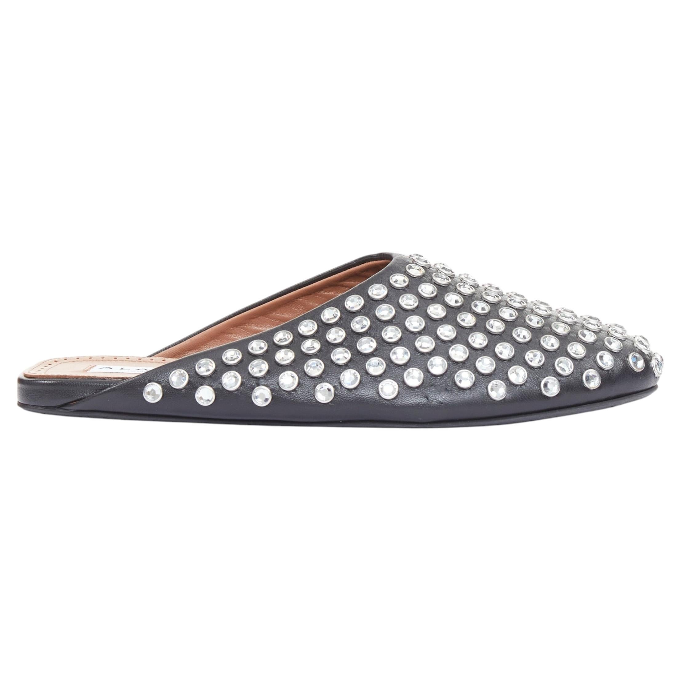 ALAIA Crystal Slide On black leather clear strass embellished flat mule EU38 For Sale