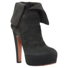 ALAIA dark green suede foldover lace up side cone heel booties EU38