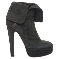 ALAIA dark green suede foldover lace up side cone heel booties EU38
