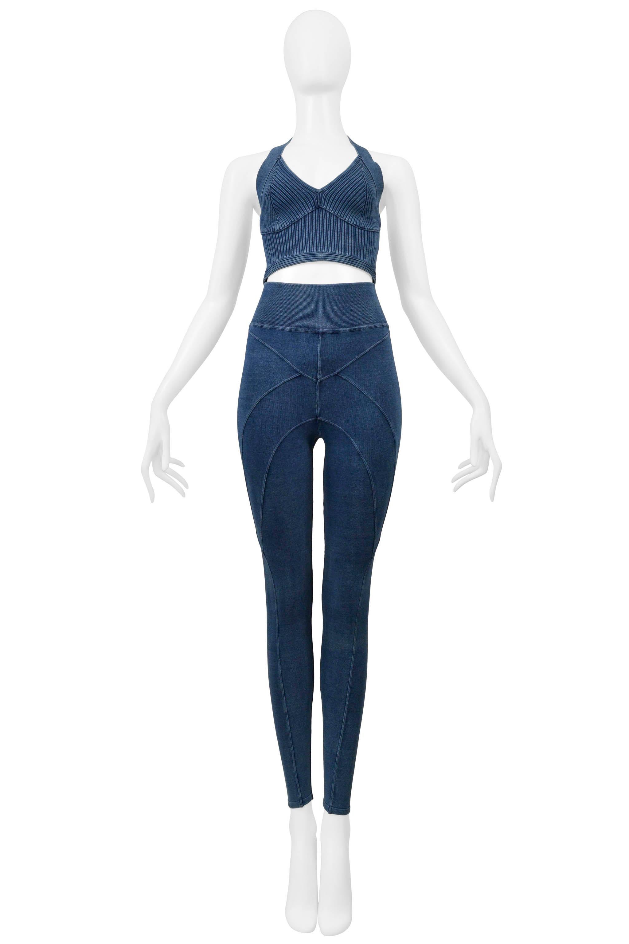 Bleu Alaia Denim Blue Vintage Wash Knit Bra Top and Leggings en vente