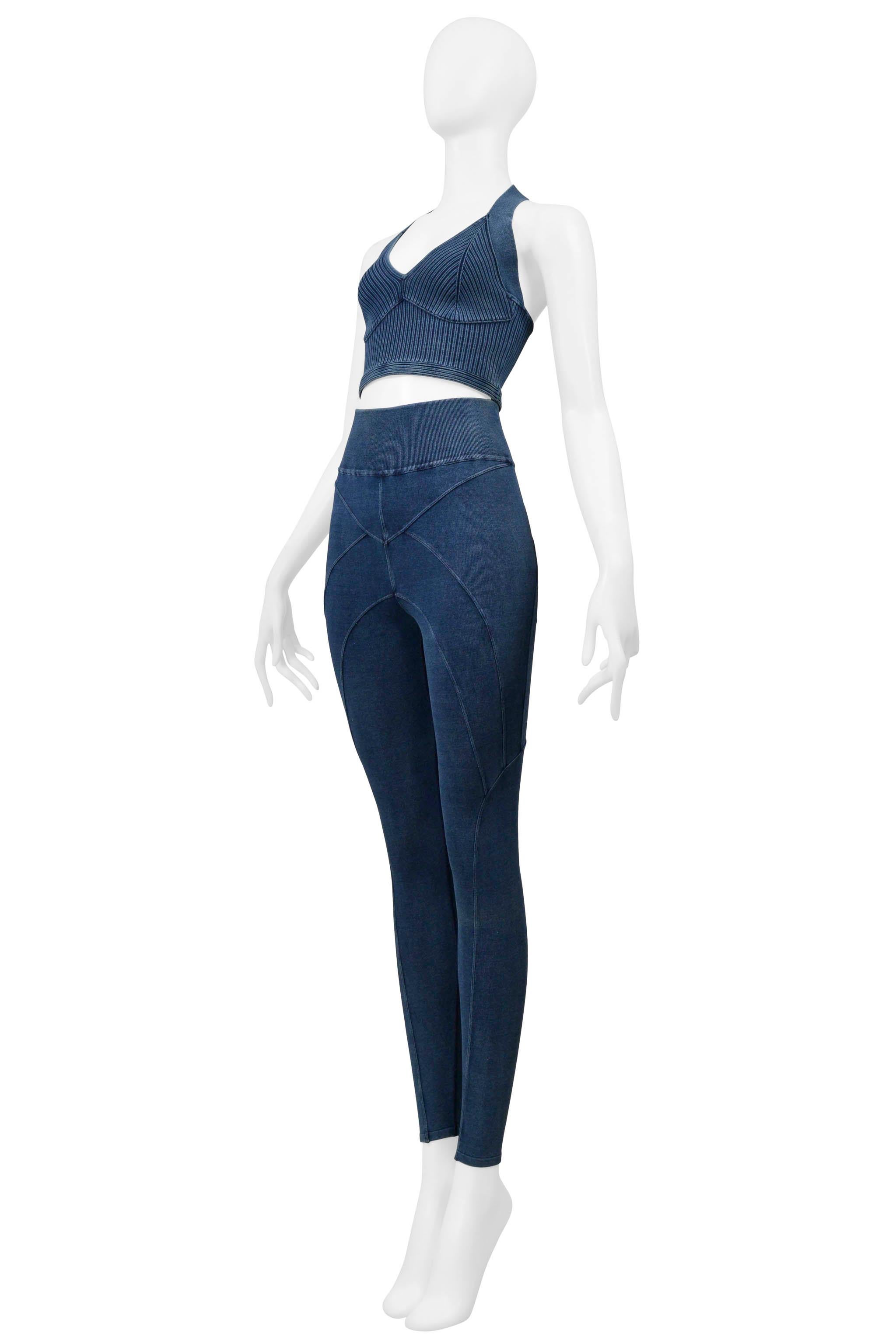 Alaia Denim Blue Vintage Wash Knit Bra Top and Leggings Pour femmes en vente