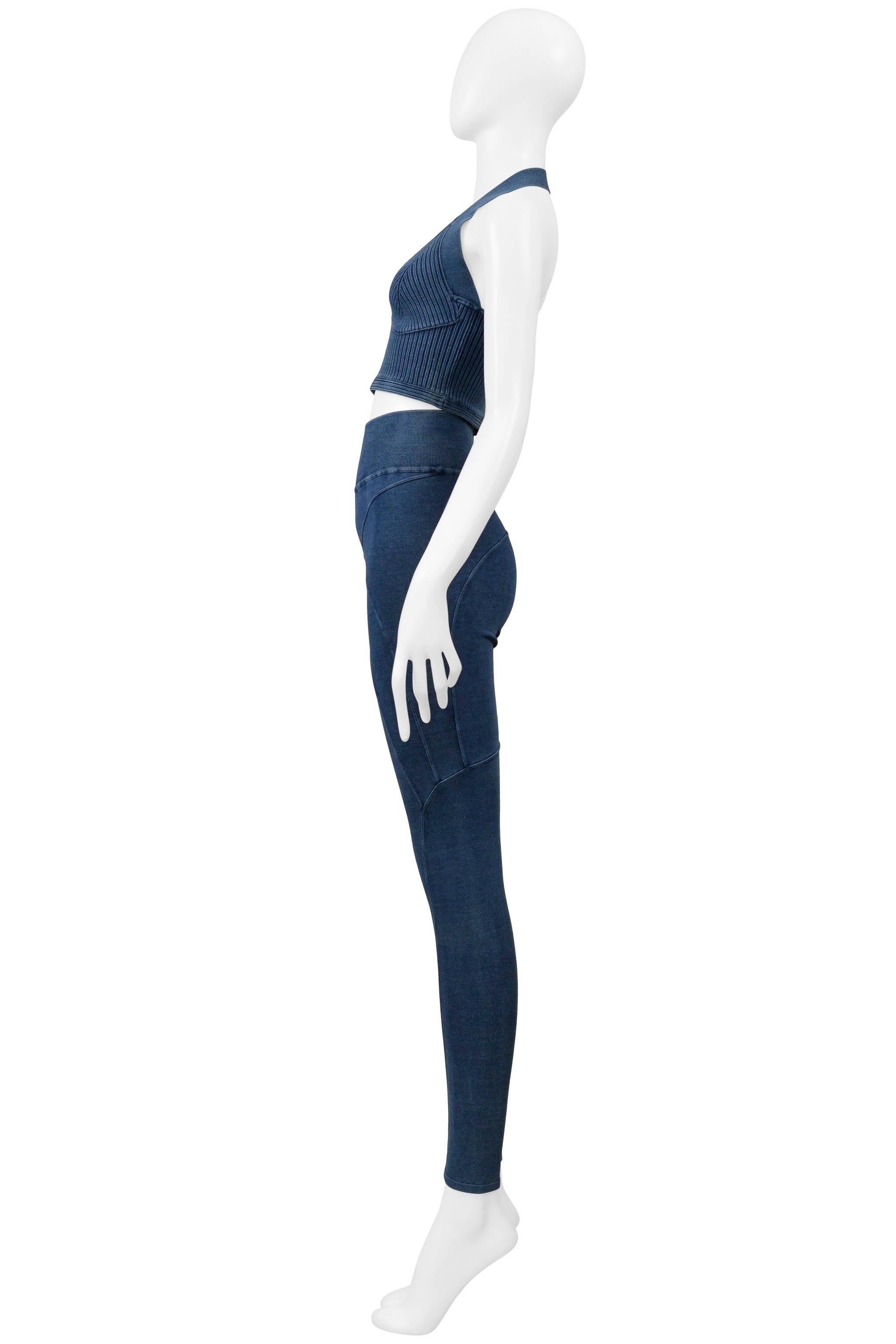 Alaia Denim Blue Vintage Wash Knit Bra Top and Leggings en vente 1