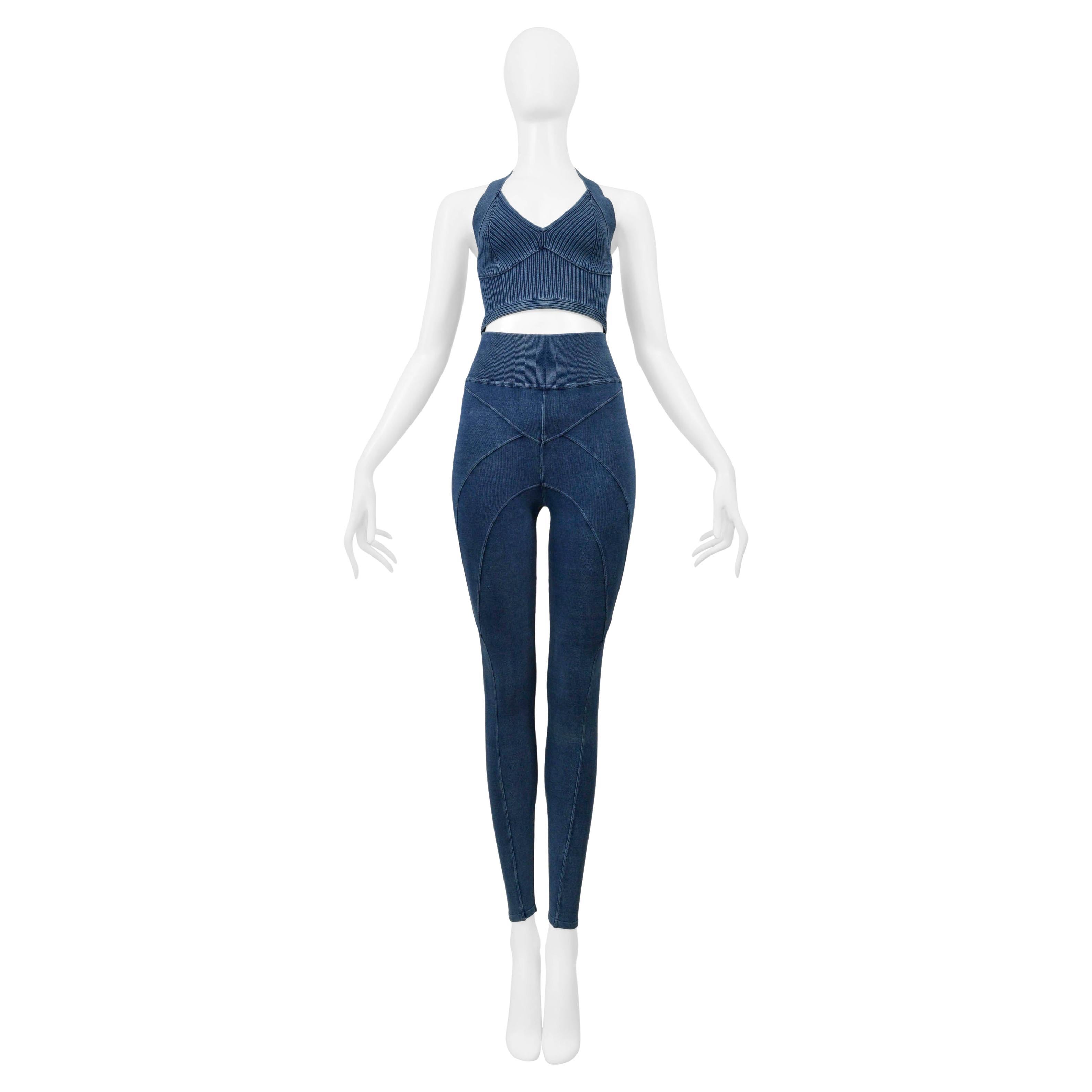 Alaia Denim Blue Vintage Wash Knit Bra Top and Leggings en vente