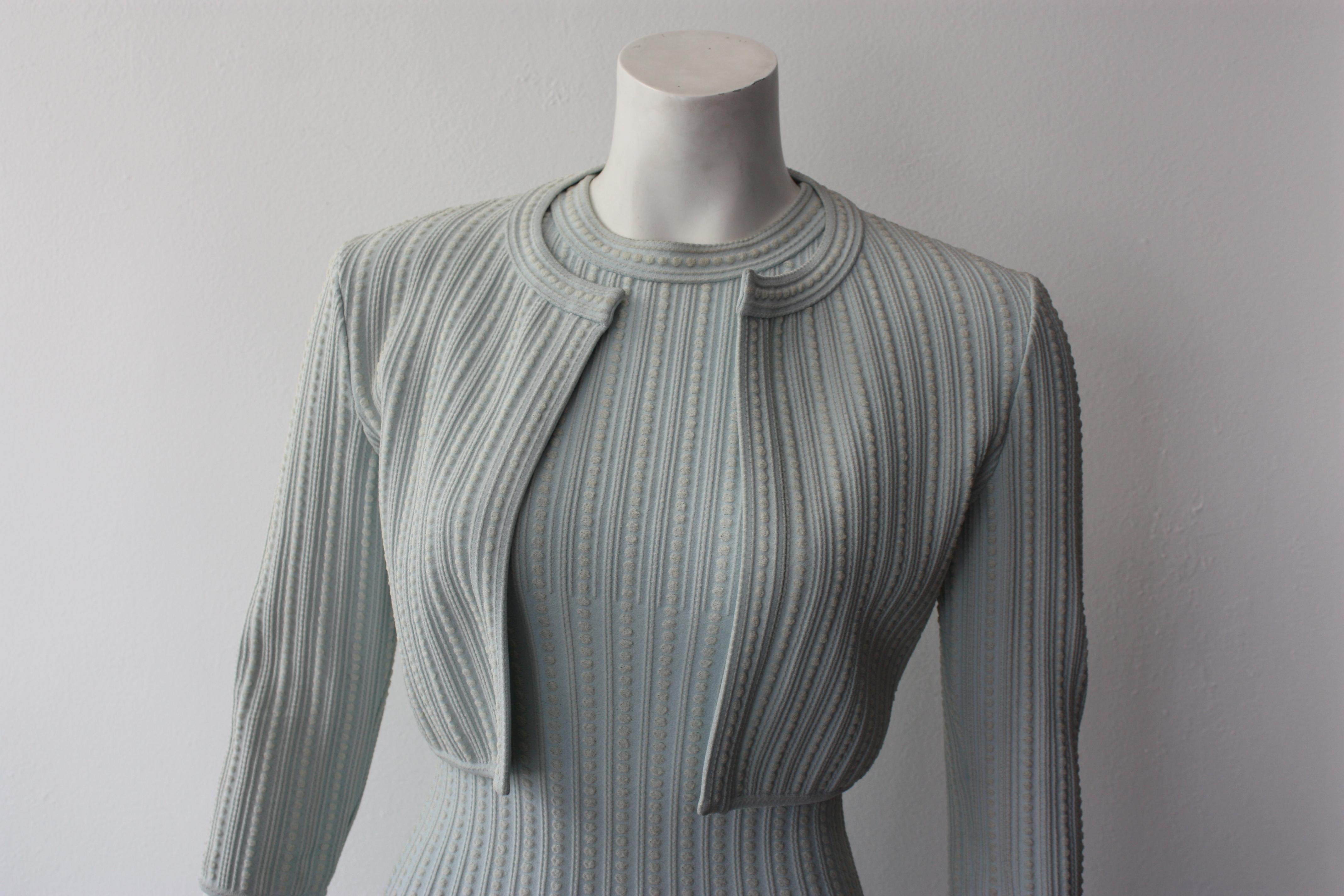 Alaia Baby Blue Ensemble Dress and Crop Jacket Size 38 For Sale 2