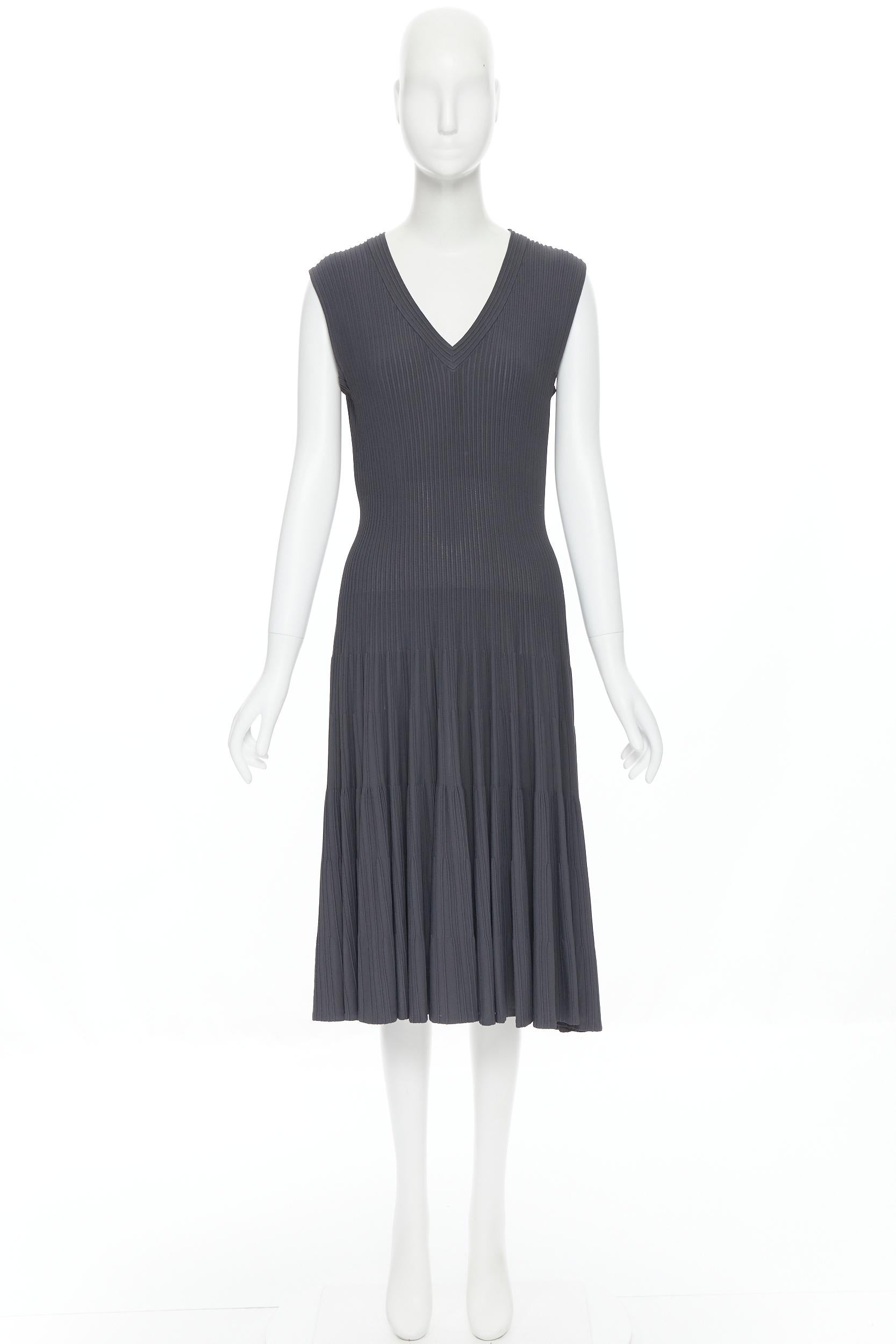 Black ALAIA dust grey ribbed V-neck sleeveless fit flared cocktail dress M