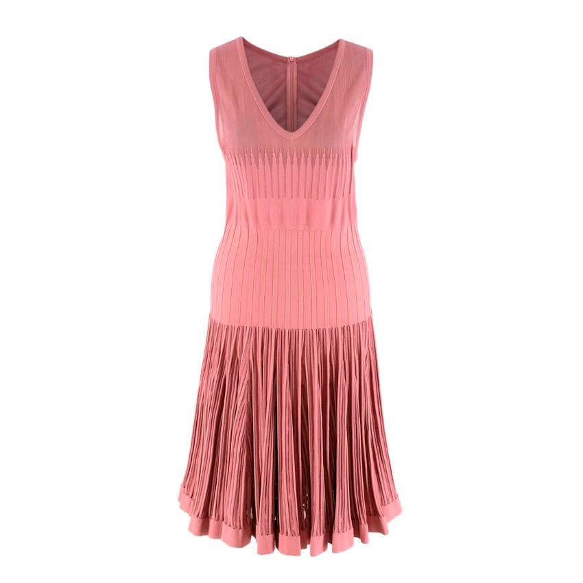 Alaia Dusty Rose Stretch Knit Ribbed Skater Dres For Sale