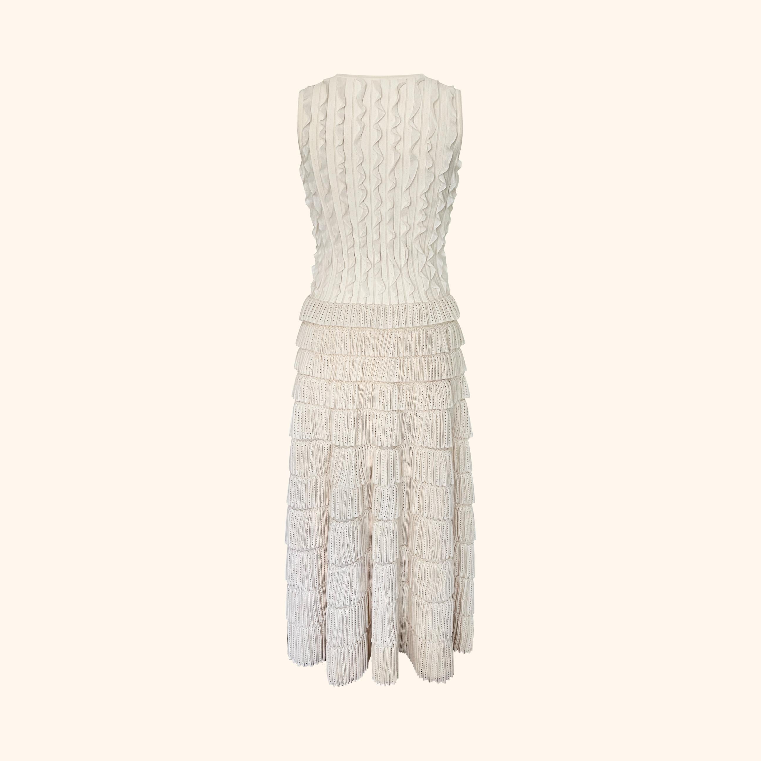 Abito avorio senza maniche realizzato in una lussuosa maglia di misto seta con nervature verticali e dettagli scultorei a volant sul corpetto.
La gonna è rifinita con volant a strati con effetto pizzo che creano volume e movimento.

Condizioni
