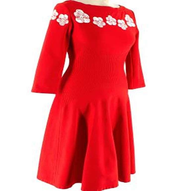 Alaia Floral Red Stretch Knit Skater Dress In Excellent Condition For Sale In London, GB