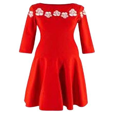 Alaia Floral Red Stretch Knit Skater Dress For Sale