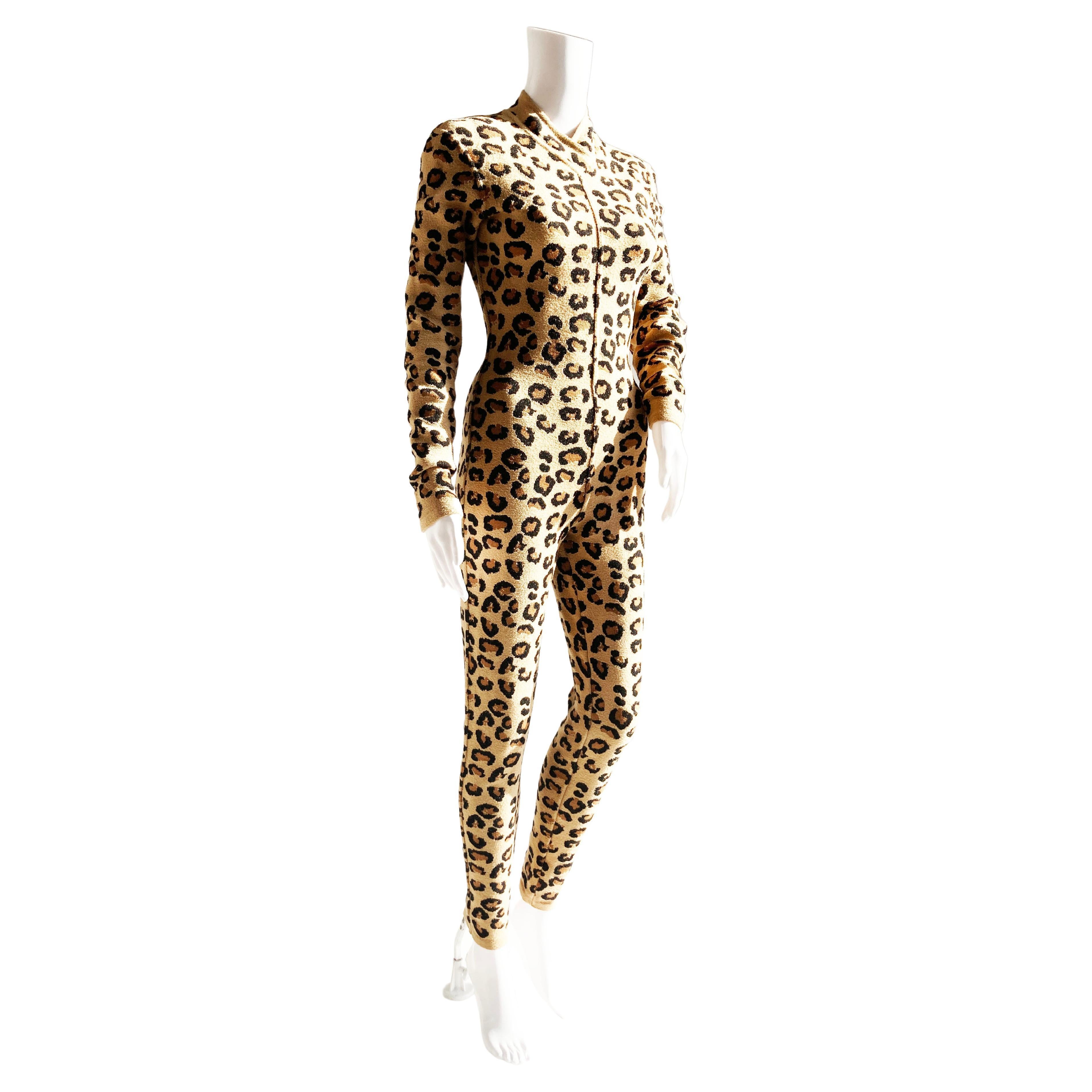 The rarest of the rare: runway look no. 72 from Alaïa's FW1991 collection, an iconic leopard jacquard knit jumpsuit, made in Italy. Cut in a dense, super-compact jacquard, with a layered V-neck opening, curve-hugging cut, and invisible zip up center
