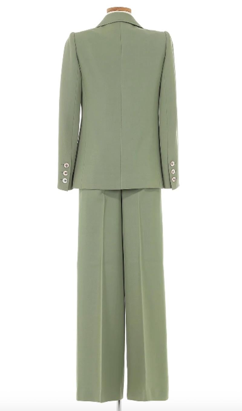 Alaia Green Jacket With Matching Pants & Skirt. This look is sophisticated and versatile, while still embracing Azzedine Alaia's impeccable attention to form & silhouette through design. Sold as a 3 piece set, you're able to mix and match to create