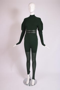 Alaia Green Knit Body Suit, Stirrup Leggings & Matching Leather Belt