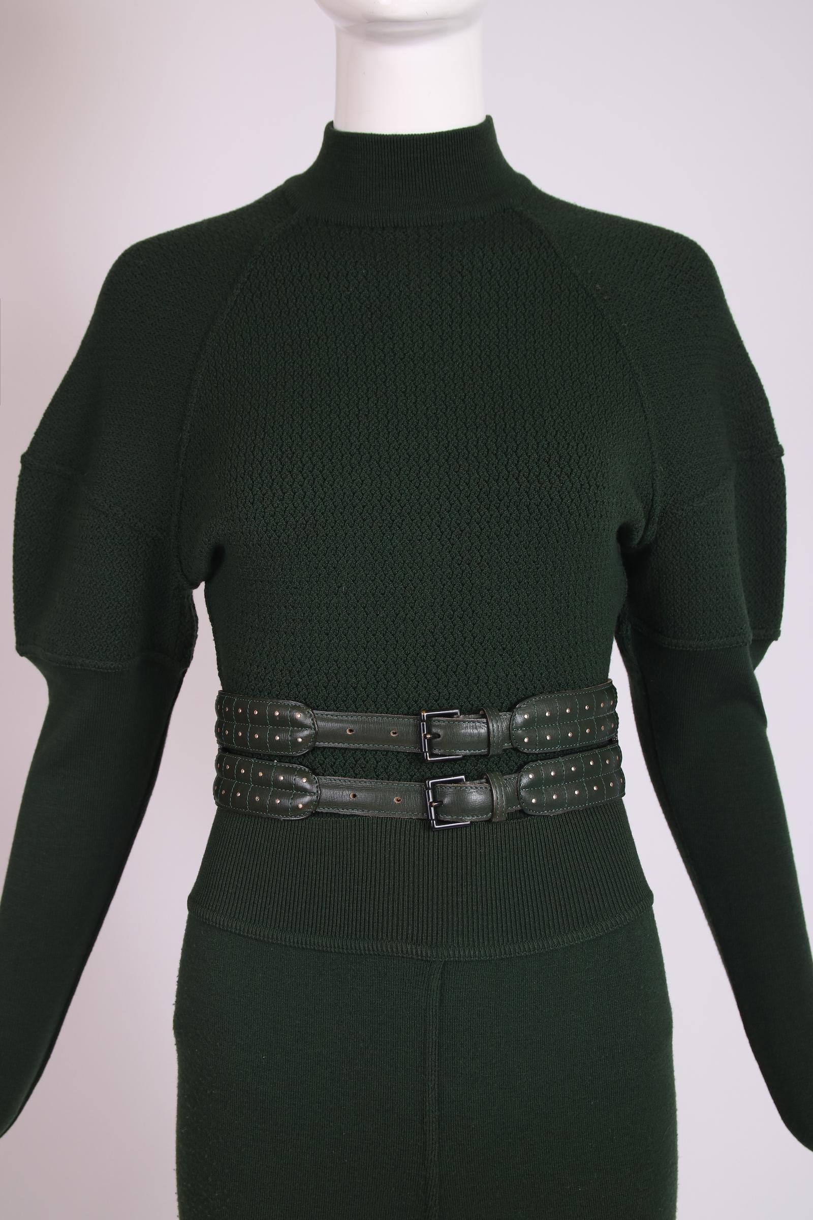 Noir Alaïa - Body en tricot vert, Leggings en étrier et ceinture en cuir assortie en vente