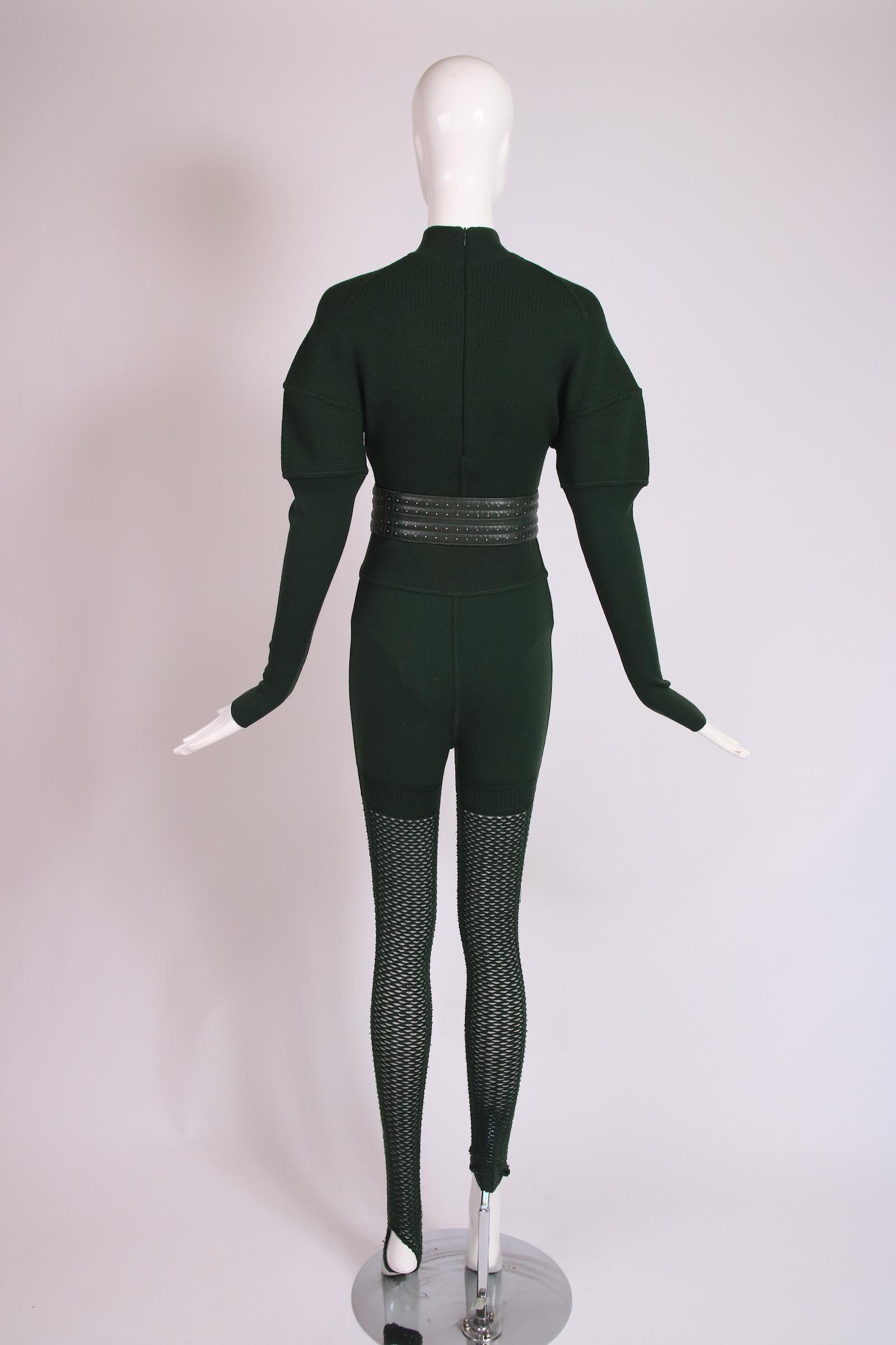 Black Alaia Green Knit Body Suit, Stirrup Leggings & Matching Leather Belt For Sale