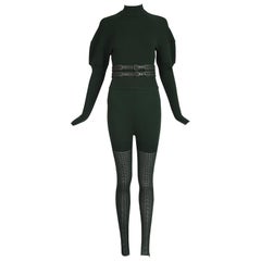 Alaia Grüner Strick-Body-Anzug, Steigbügel-Leggings und passender Ledergürtel